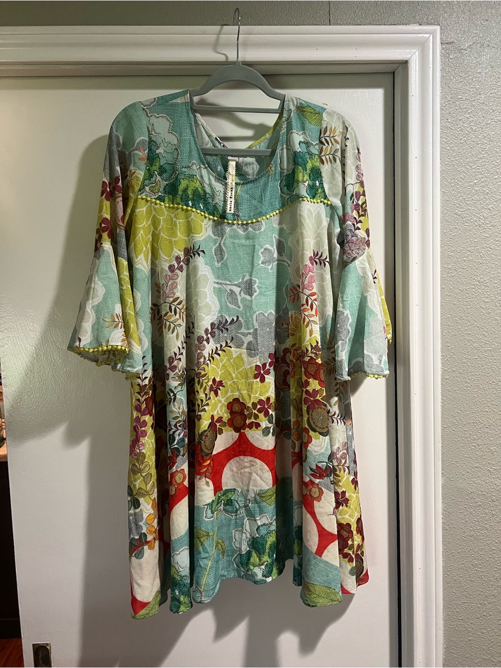 Uncle Frank Multicolor Floral Boho Tunic Dress - Teal, Red, Yellow, Green, White